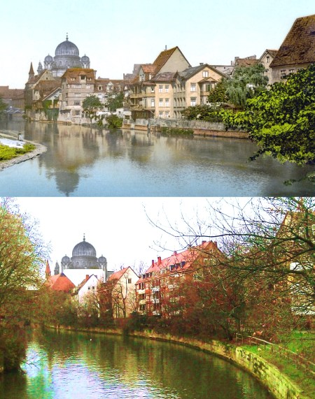 Nuremberg Synagogue place at Pegnitz river 1915 and 2015